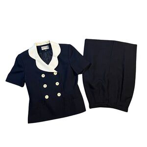 Kasper ASL Petite 2P Navy Skirt Suit Set Collar Double Breasted Office Classic